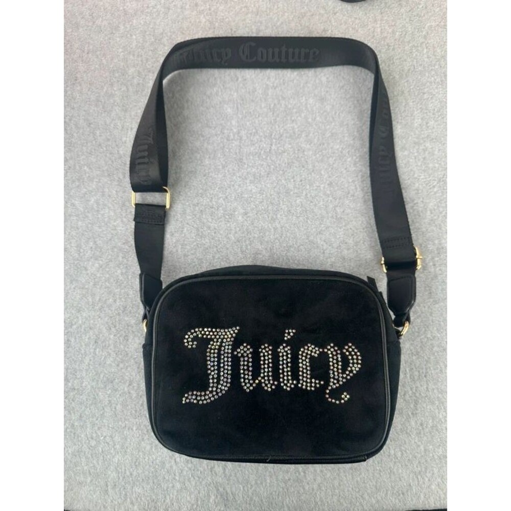 Juicy Couture Black Velour Bag Rhinestone Logo Crossbody Purse